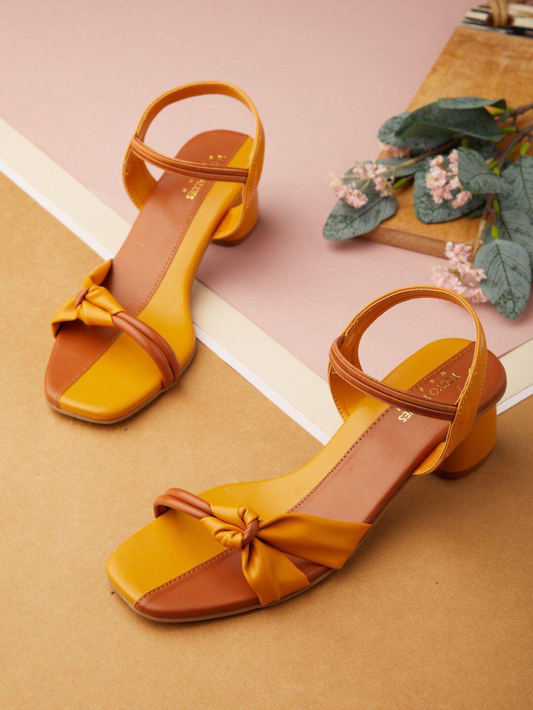 tokyo talkies mustard yellow & tan colourblocked open toe block heels