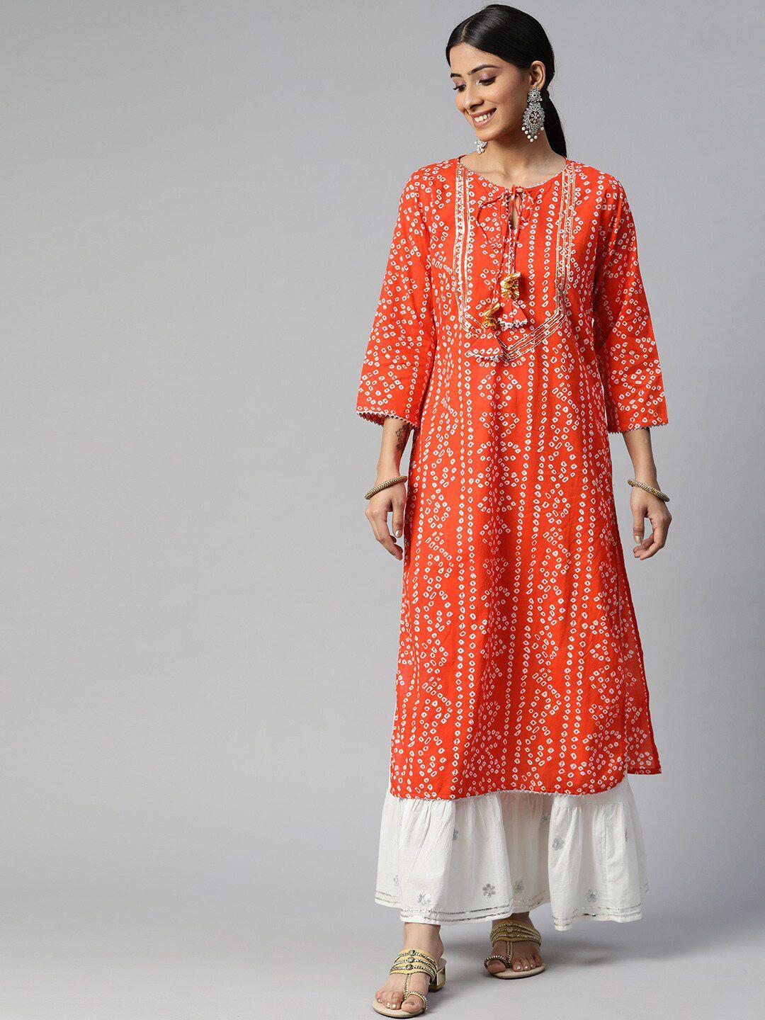 saart bunaai women orange bandhani printed gotta patti pure cotton kurta with sharara