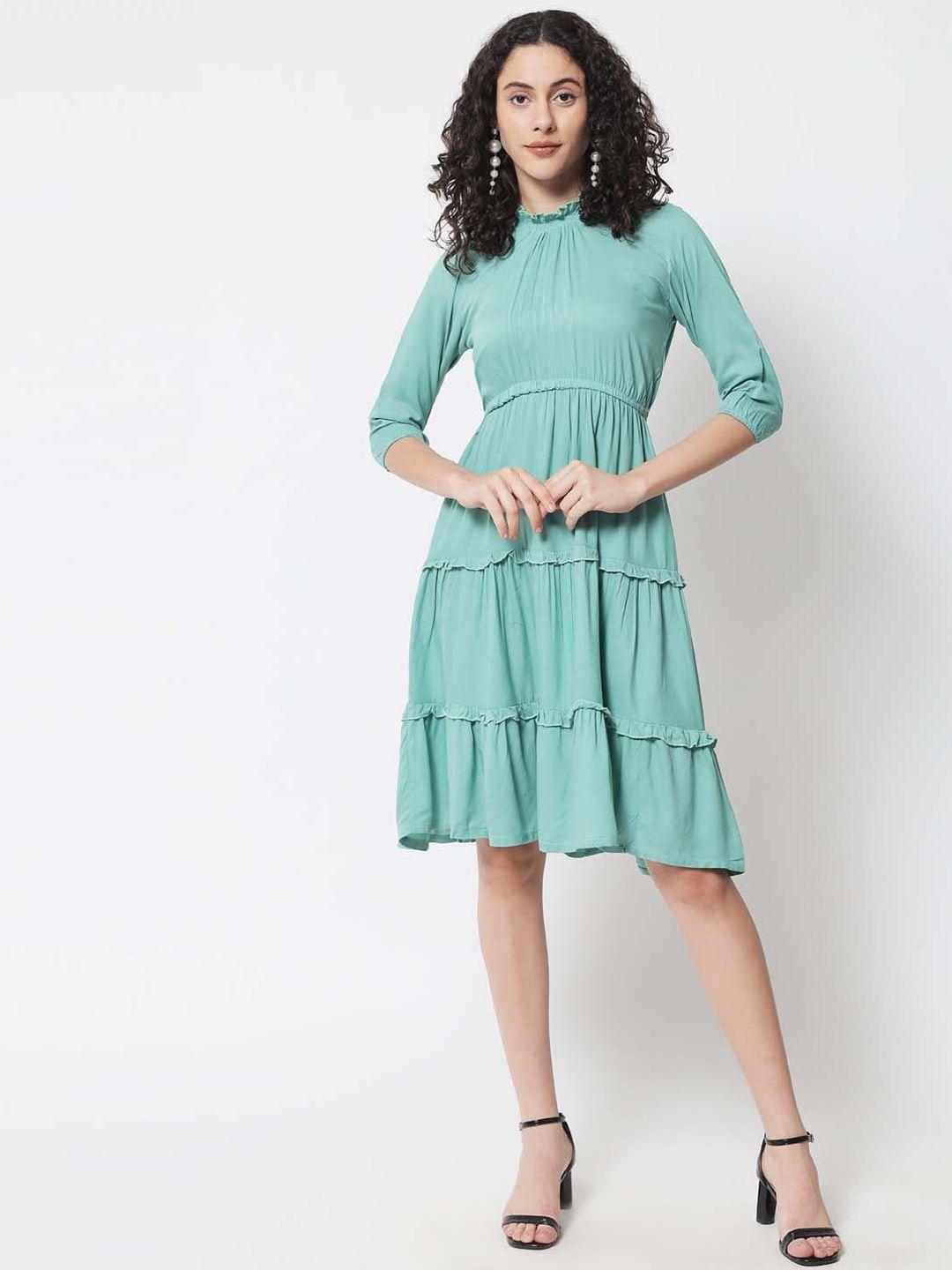 kalini sea green tiered fit and flare dress with ruffled details