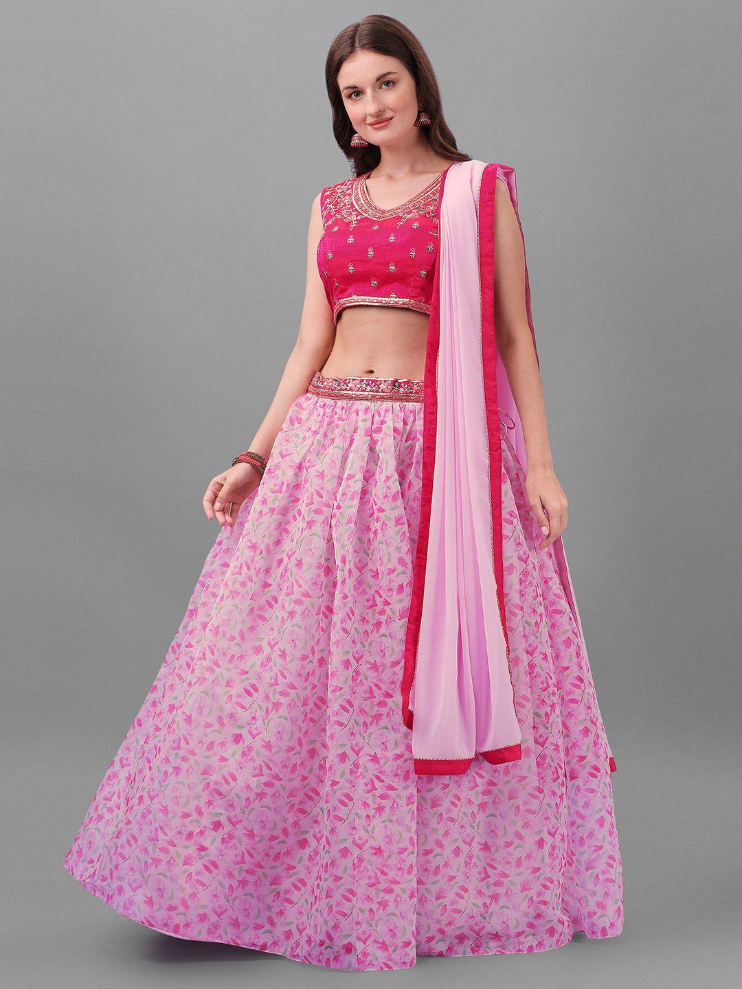 aspora pink & grey embroidered semi-stitched lehenga & unstitched blouse with dupatta