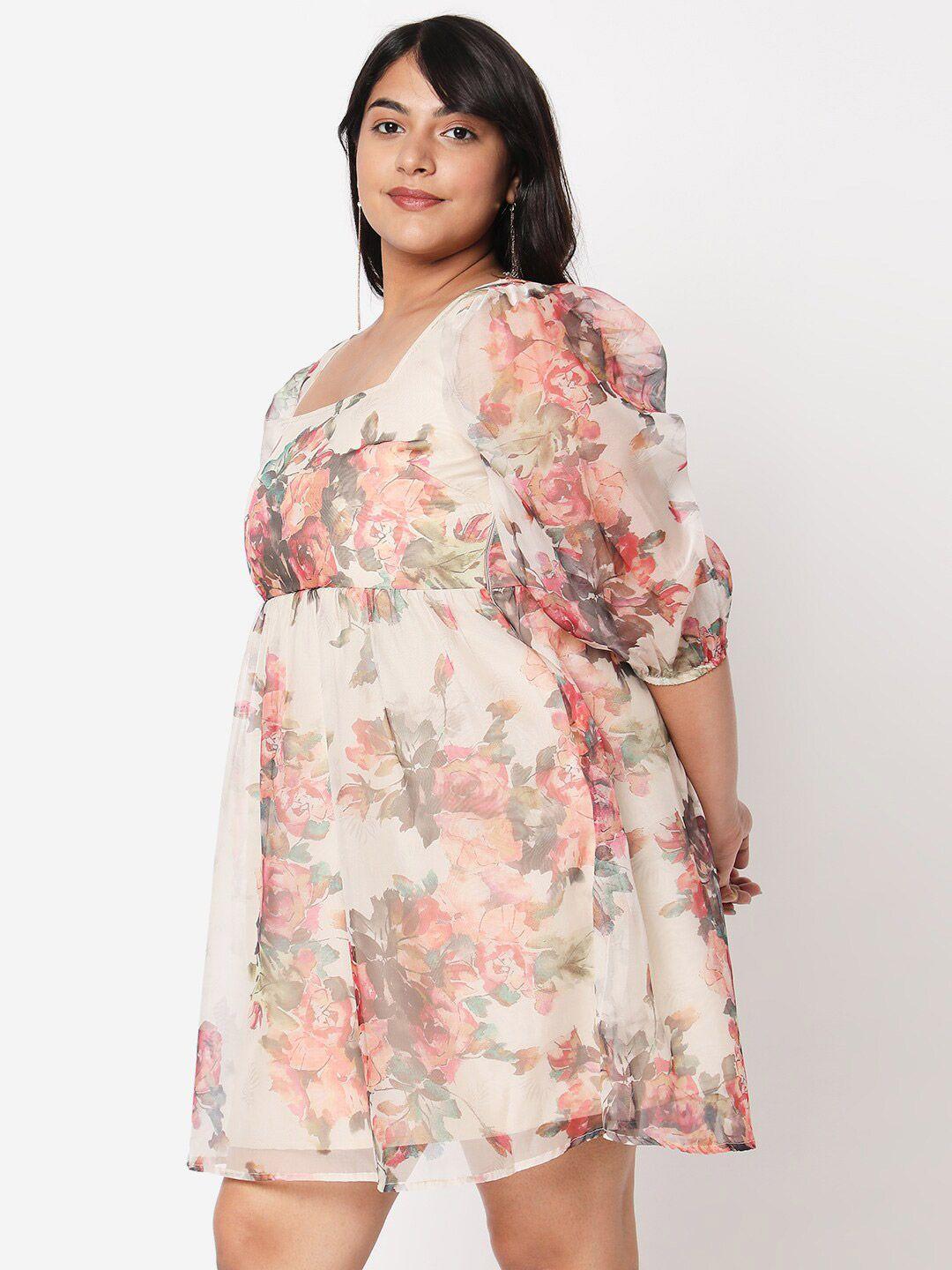 curves by mish plus size beige floral fit & flare dress