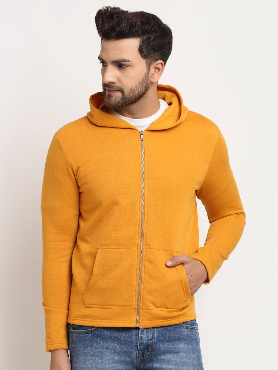 door74 men mustard cotton solid hooded sweatshirt