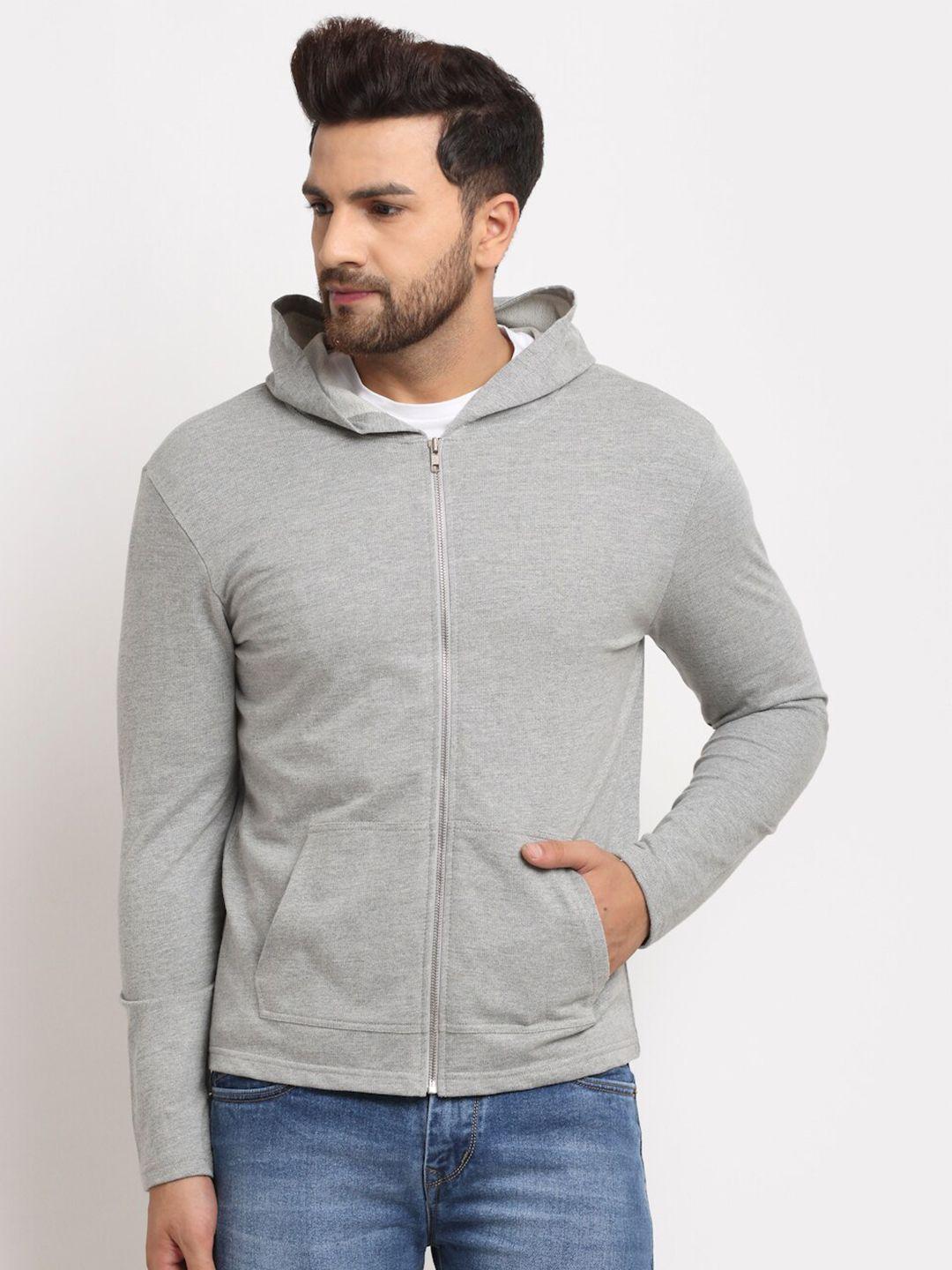 door74 men grey melange cotton solid hooded sweatshirt