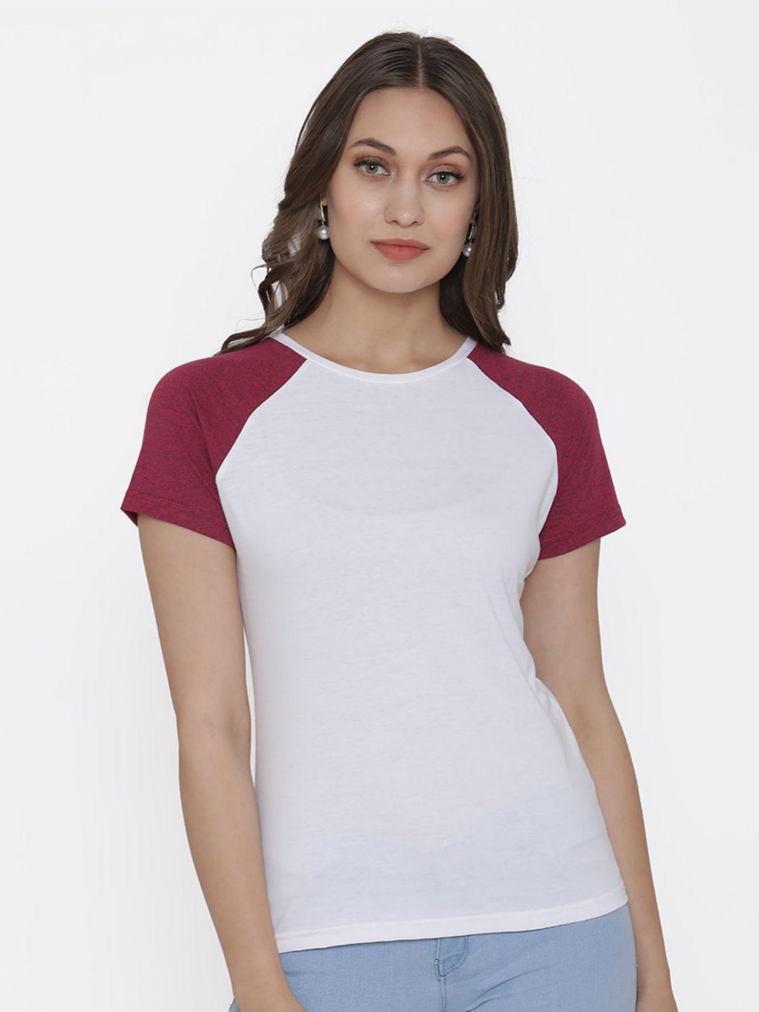 door74 women white & red cotton round neck t-shirt