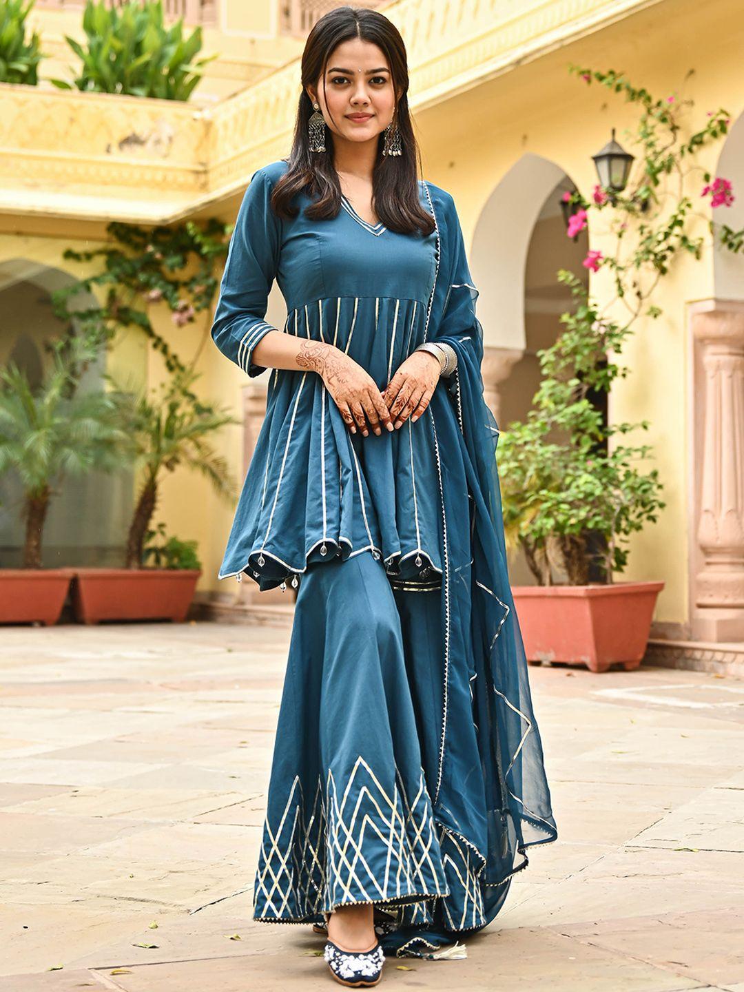 bunaai women blue panelled pure cotton kurta with sharara & with dupatta