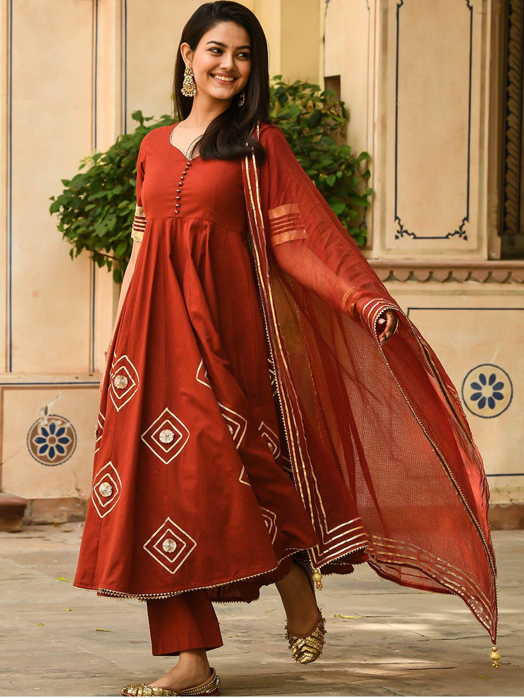 bunaai women brown gotta patti pure cotton kurta with trousers & with dupatta