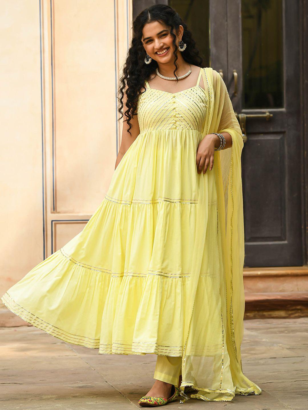 bunaai women yellow tiered gotta patti pure cotton kurta with trousers & with dupatta