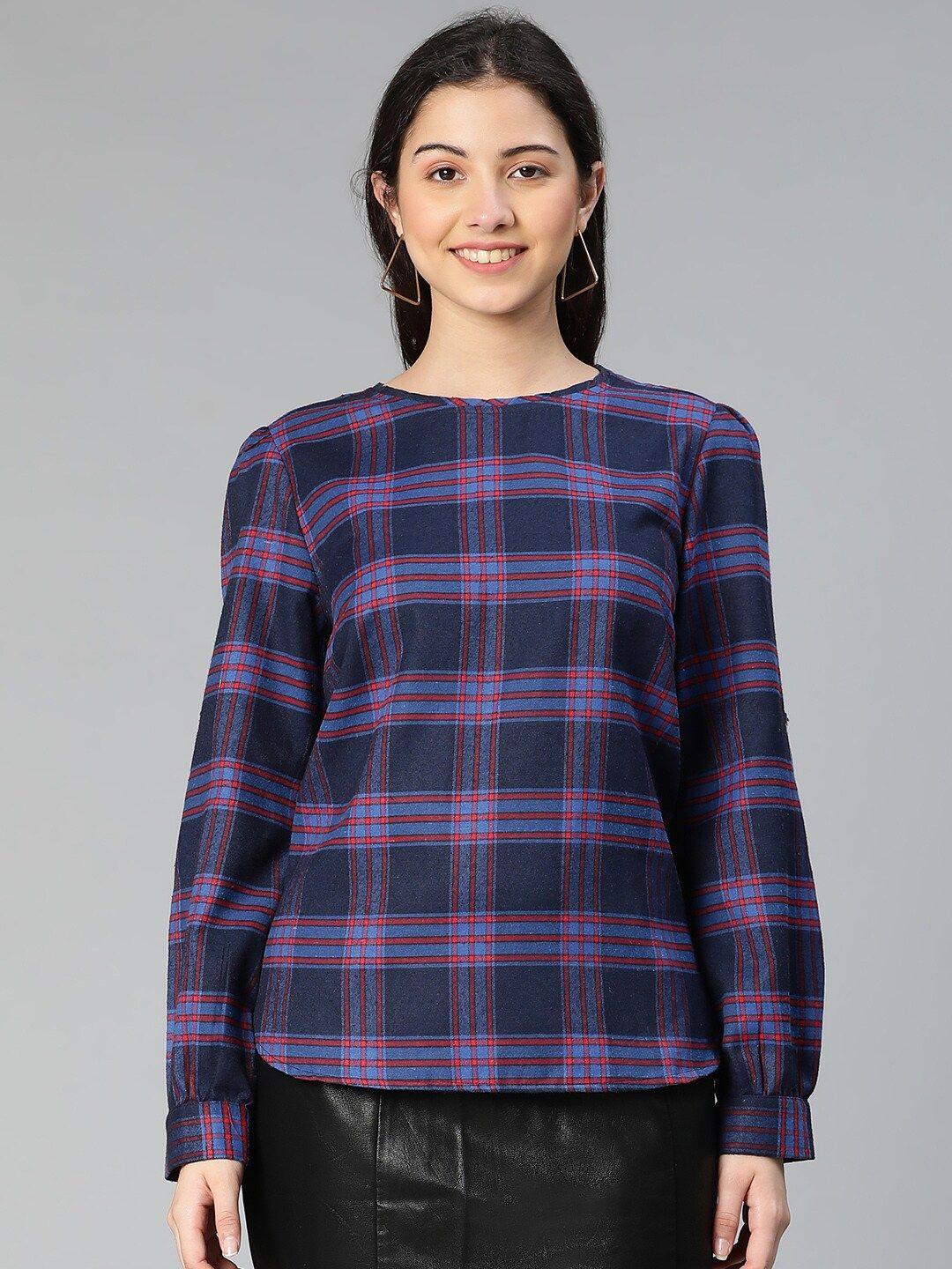 oxolloxo blue checked cuffed sleeve top