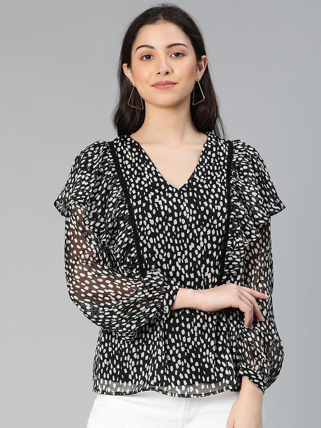 oxolloxo black polka dot printed ruffles top