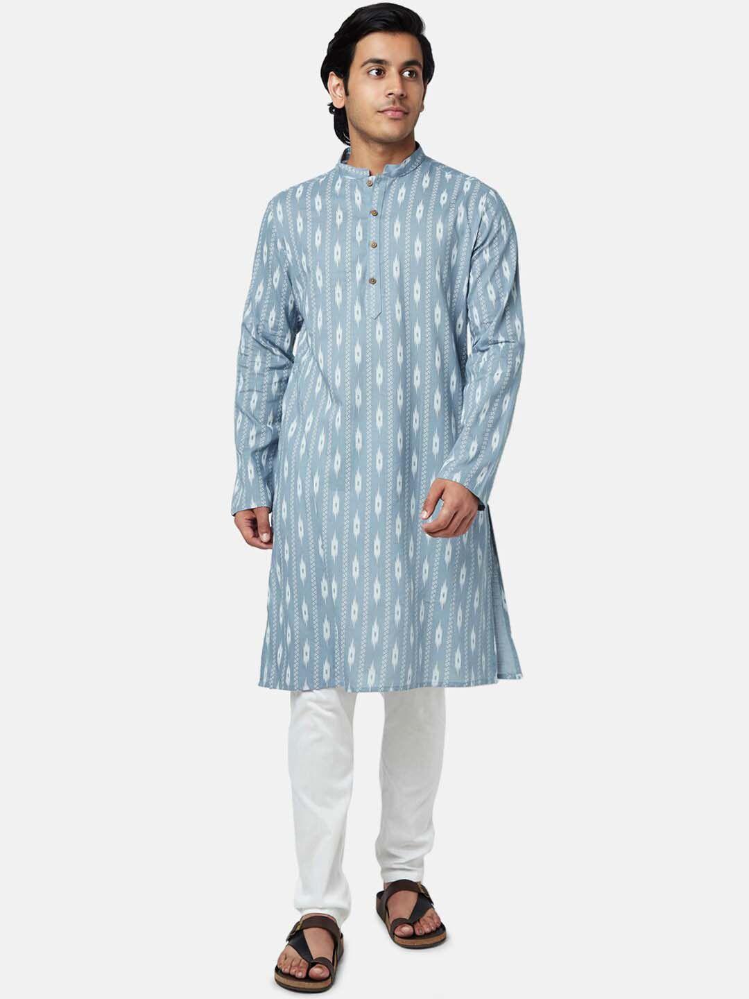 yu by pantaloons men blue & white ethnic motifs printed cotton kurta