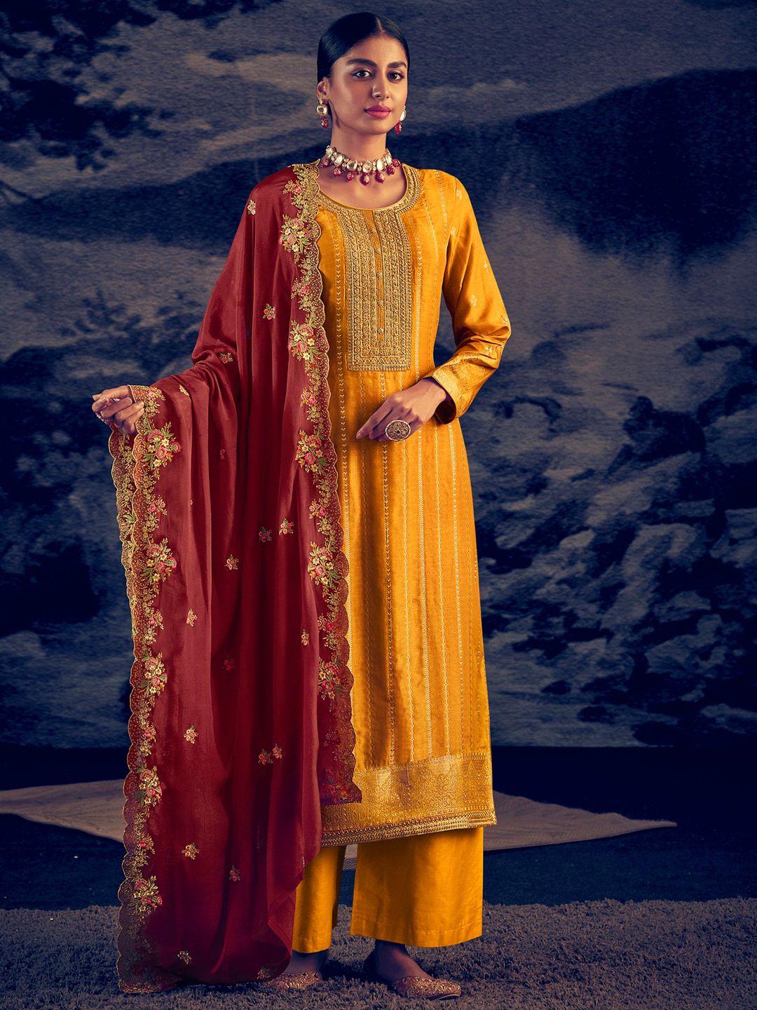 stylee lifestyle yellow & maroon embroidered pure silk unstitched dress material