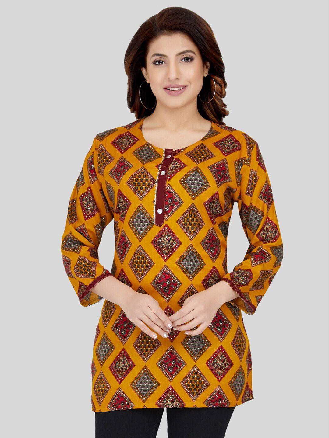 saree swarg mustard yellow & maroon ethnic motifs printed kurti