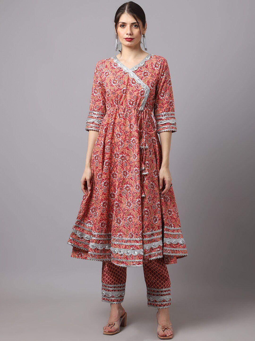 rudra bazaar women pink floral printed angrakha pure cotton kurta with trousers