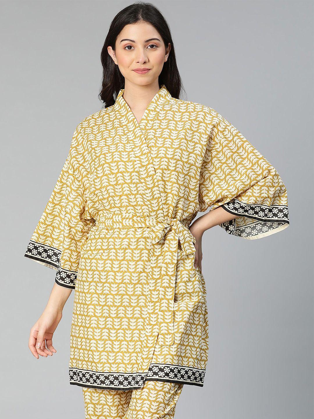 oxolloxo women yellow & white printed cotton tie-up shrug