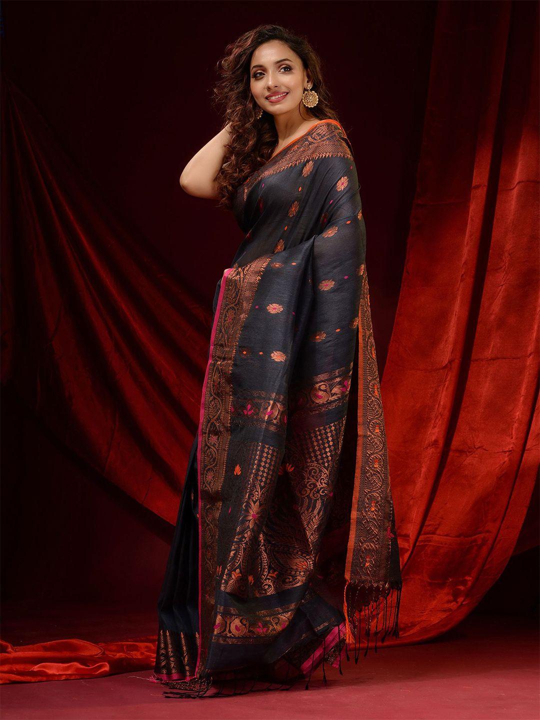 charukriti grey & orange floral zari pure linen saree