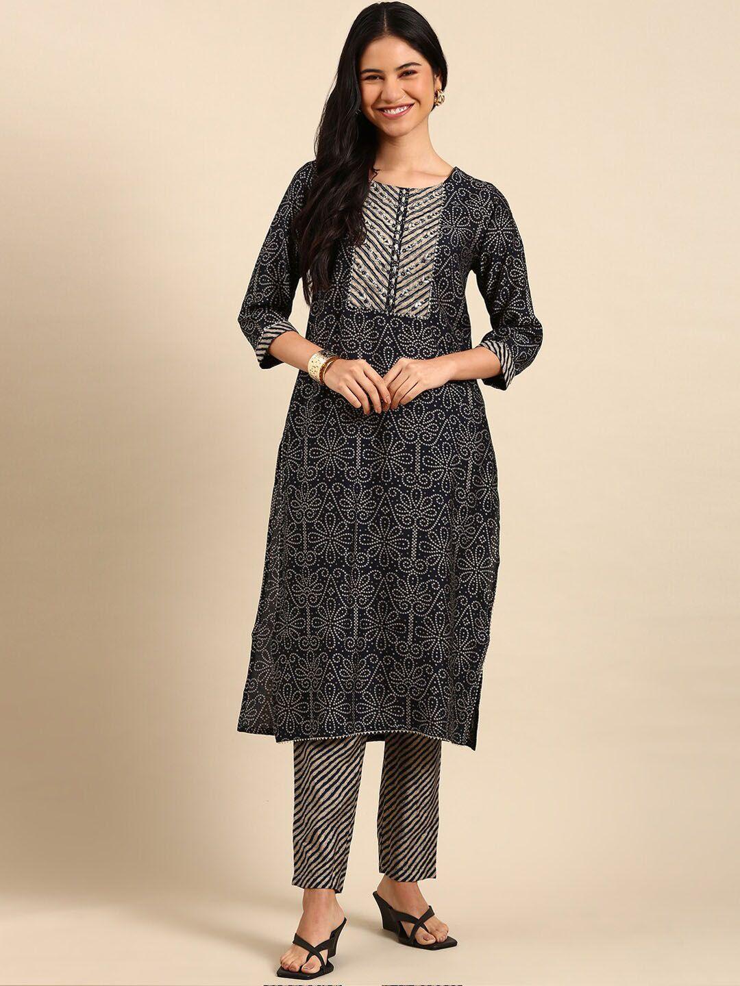 showoff women navy blue bandhani printed sequinned kurta with trousers