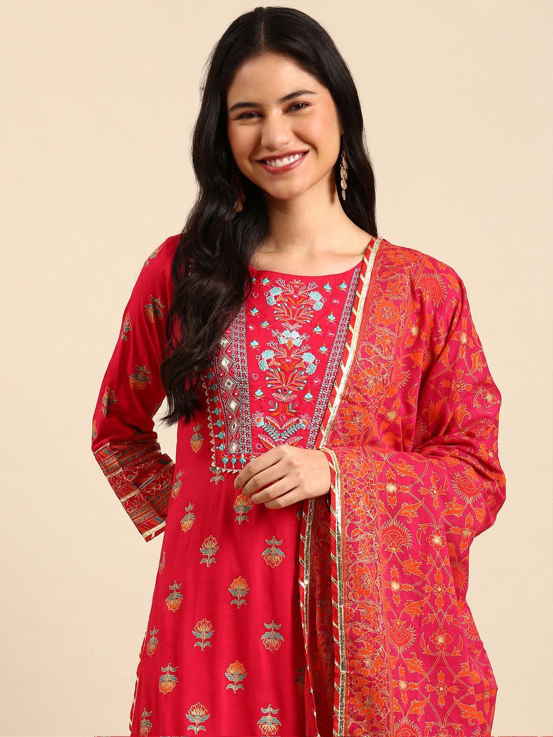 showoff women floral printed thread work kurta with sharara & dupatta