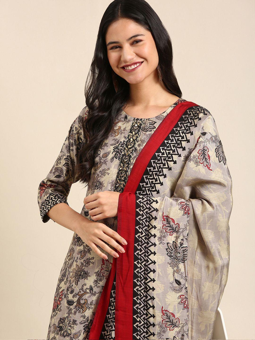 showoff women grey floral printed kurta with trousers & with dupatta