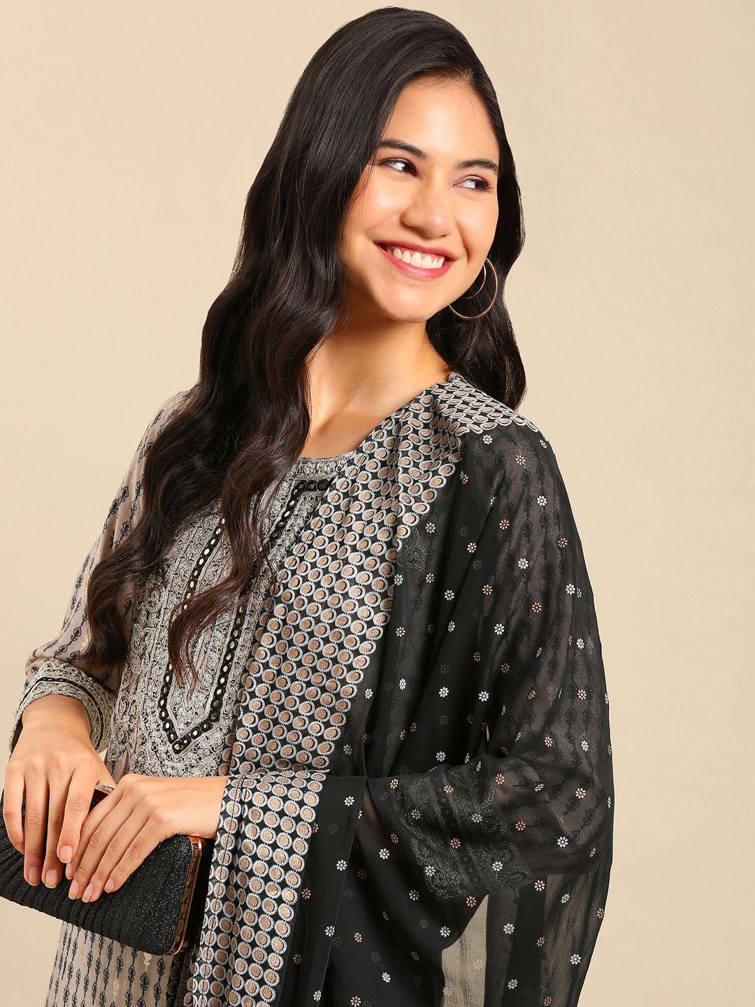 showoff women grey ethnic motifs printed chanderi silk kurta with palazzos & with dupatta