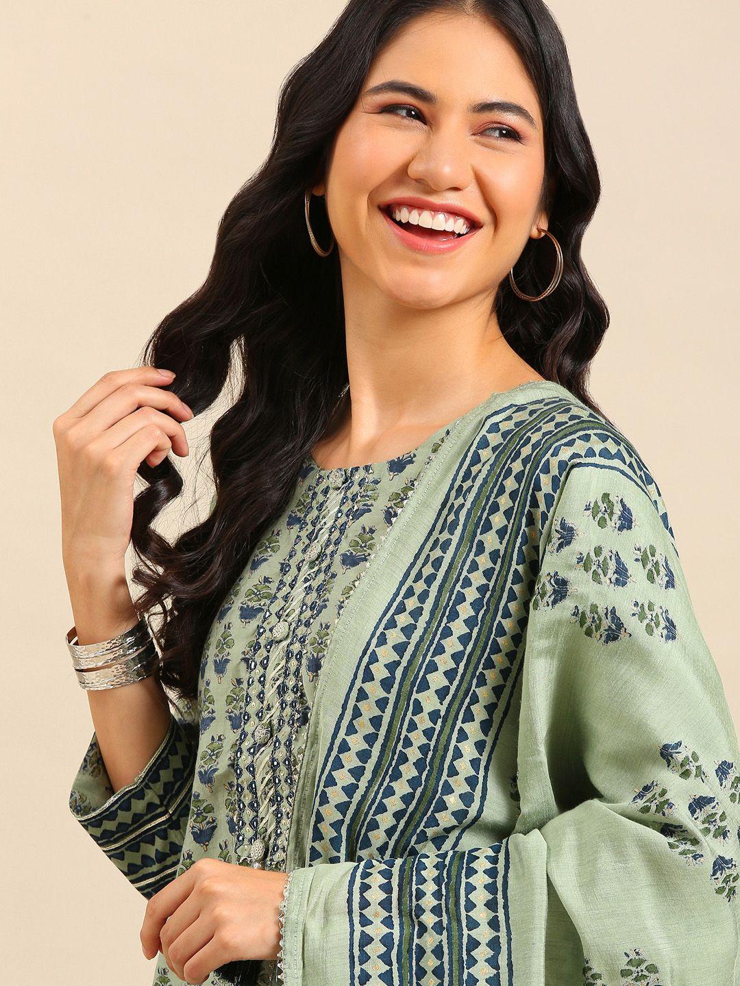 showoff women sea green ethnic motifs printed kurta with trousers & with dupatta