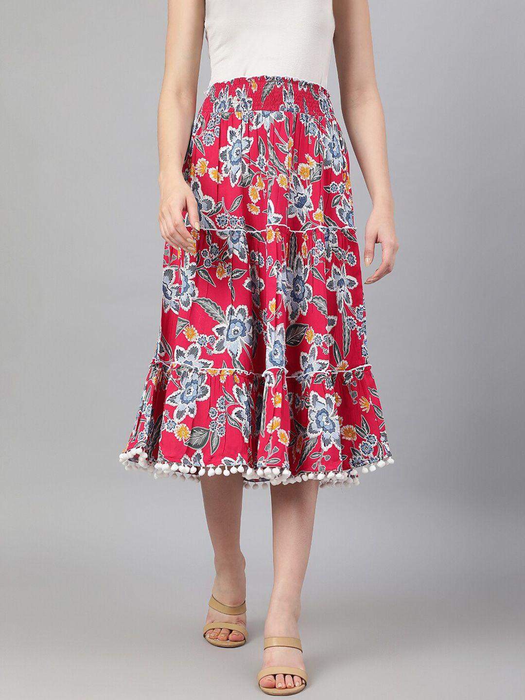 deebaco women red & blue floral printed smocking tiered midi skirt