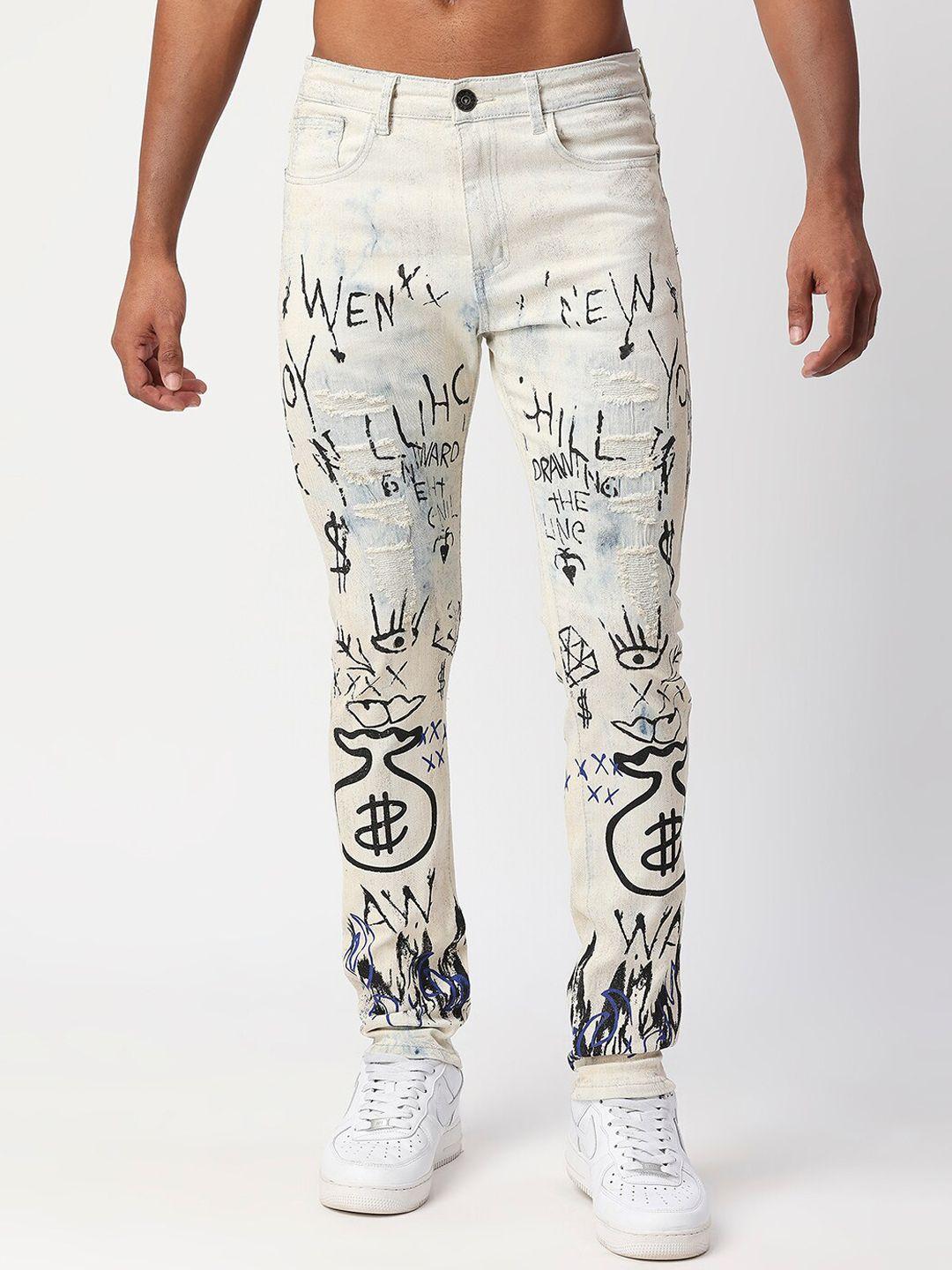 waimea men off white & blue printed skinny fit stretchable jeans