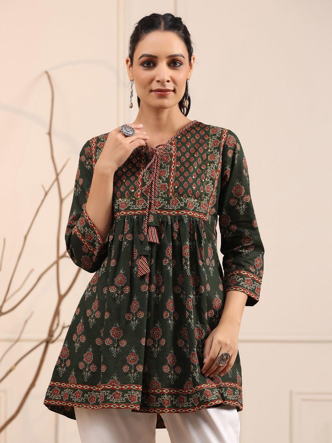 rain & rainbow green & maroon floral printed sequinned pure cotton sequinned kurti