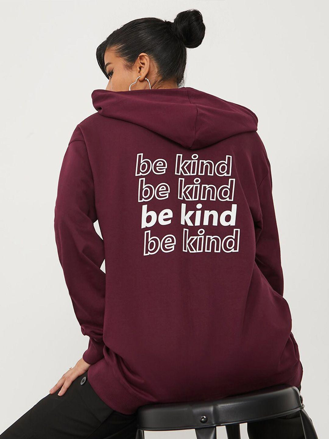 styli women burgundy printed cotton hooded sweatshirt