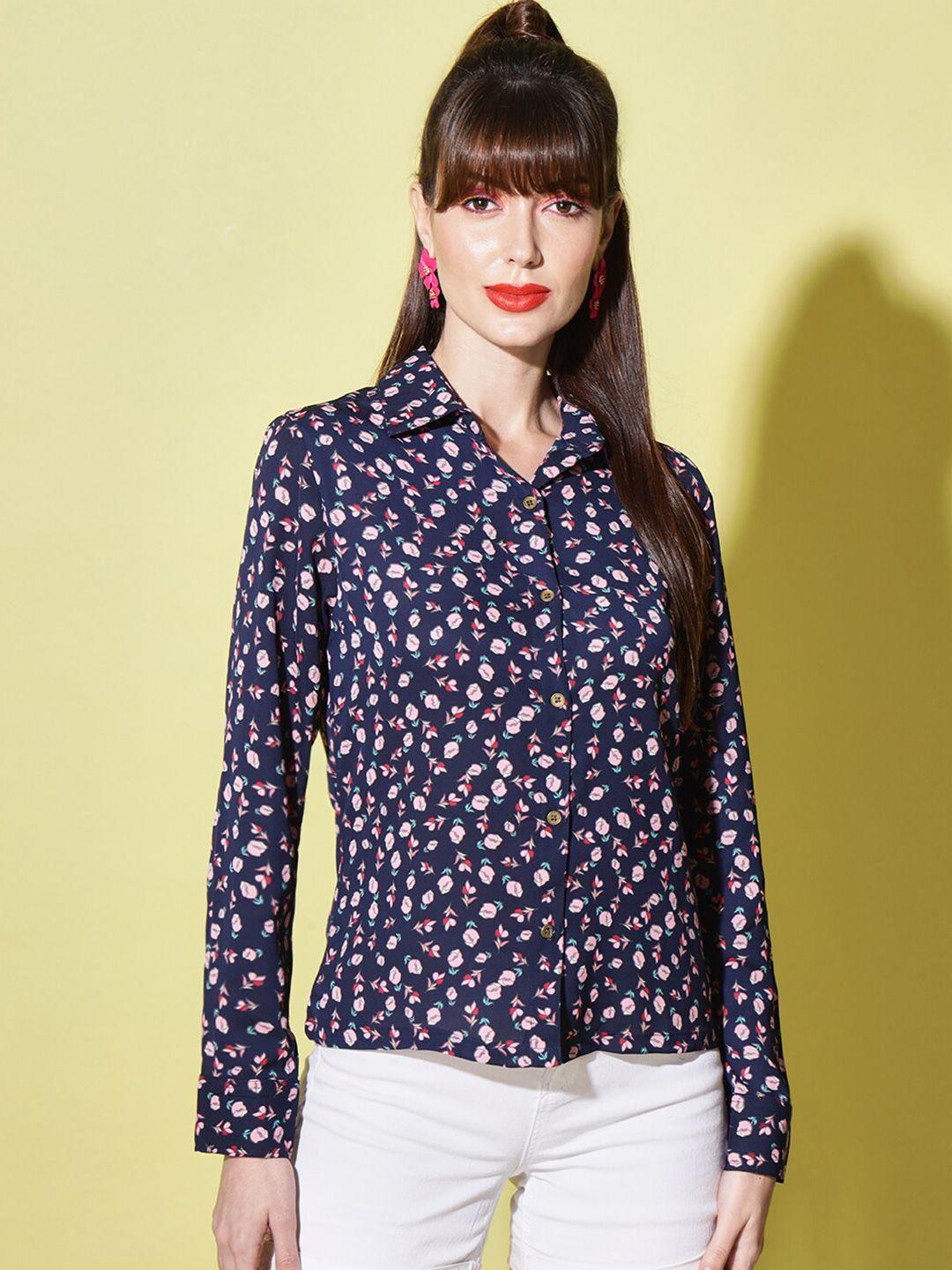 slenor women navy blue floral printed casual shirt