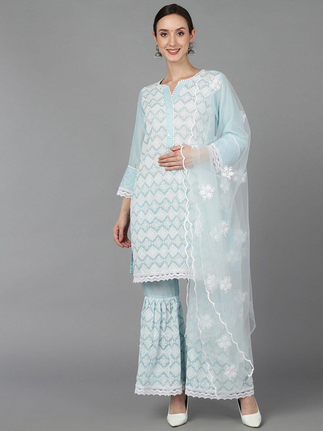 ahika women blue ethnic motifs embroidered chikankari kurta with sharara & dupatta