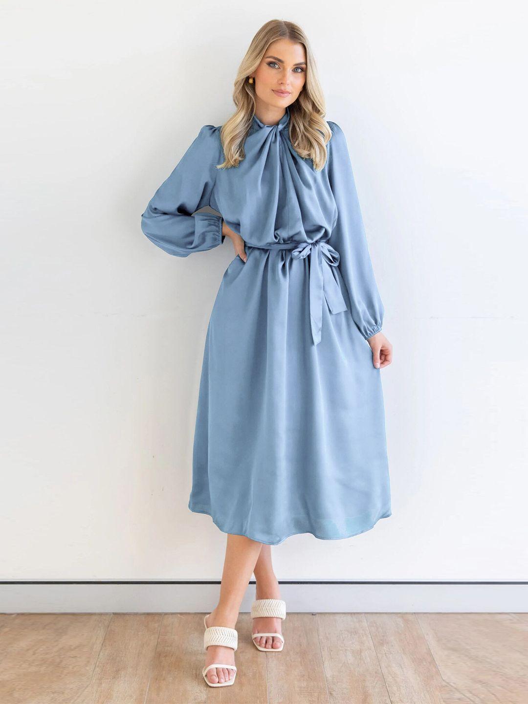 stylecast blue cuff sleeved fit and flare midi dress