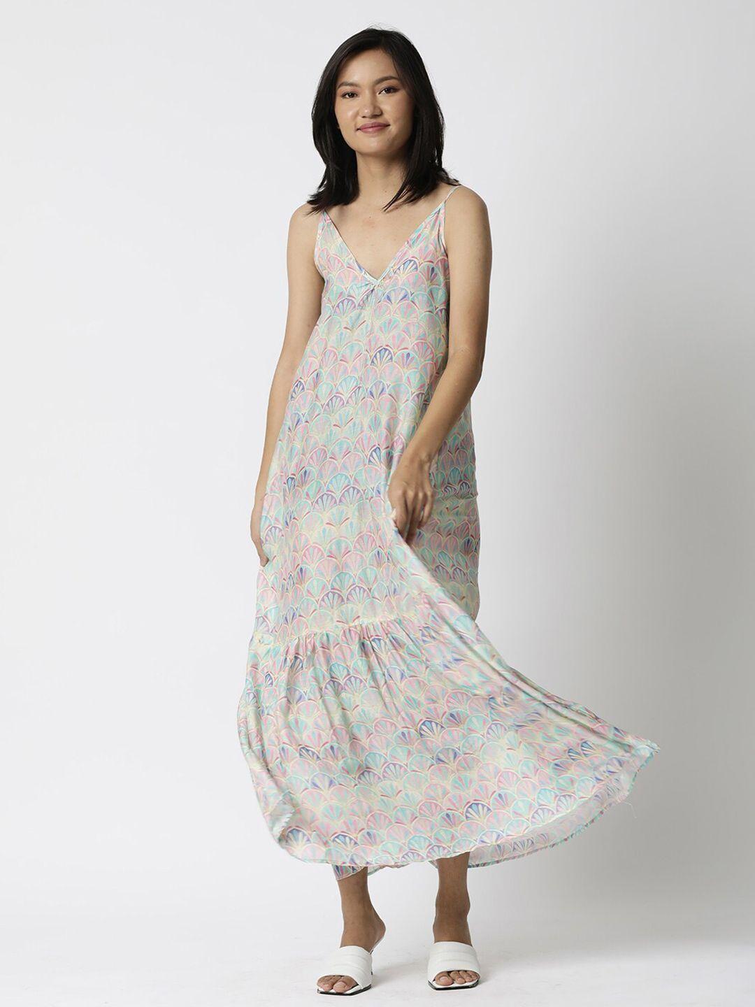 rareism pink & blue conversational printed a-line midi cotton dress