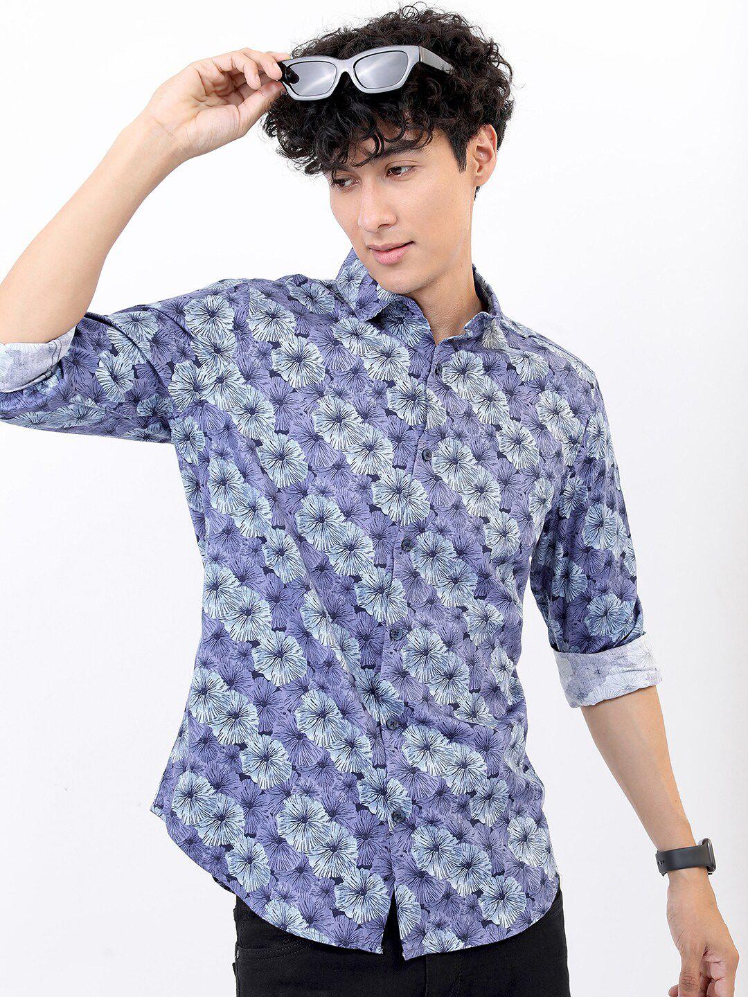 highlander men lavender slim fit floral printed cotton casual shirt