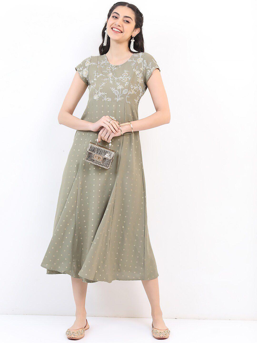 vishudh olive green floral embroidered a-line midi dress