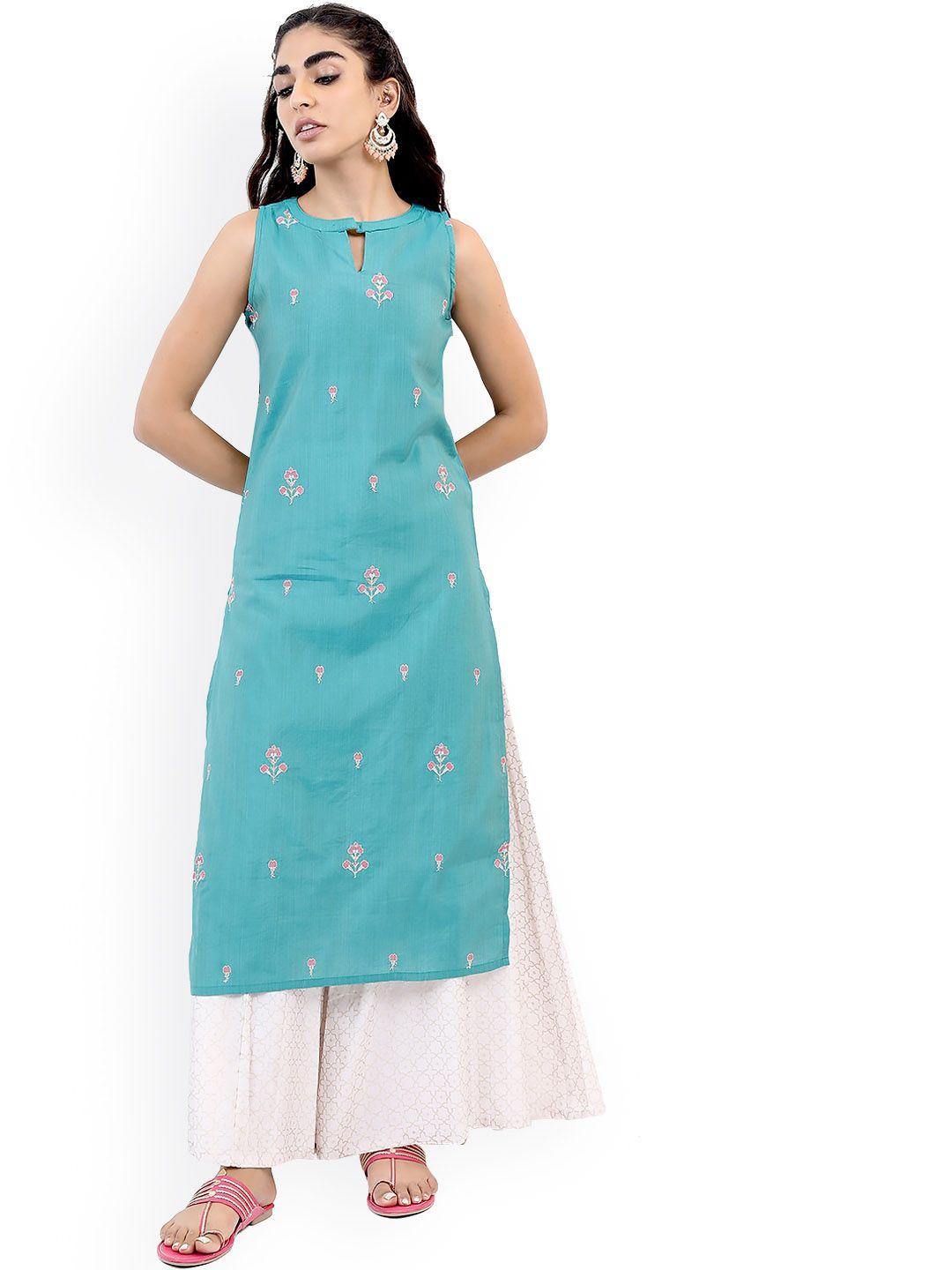 vishudh women turquoise blue embroidered kurta with palazzos