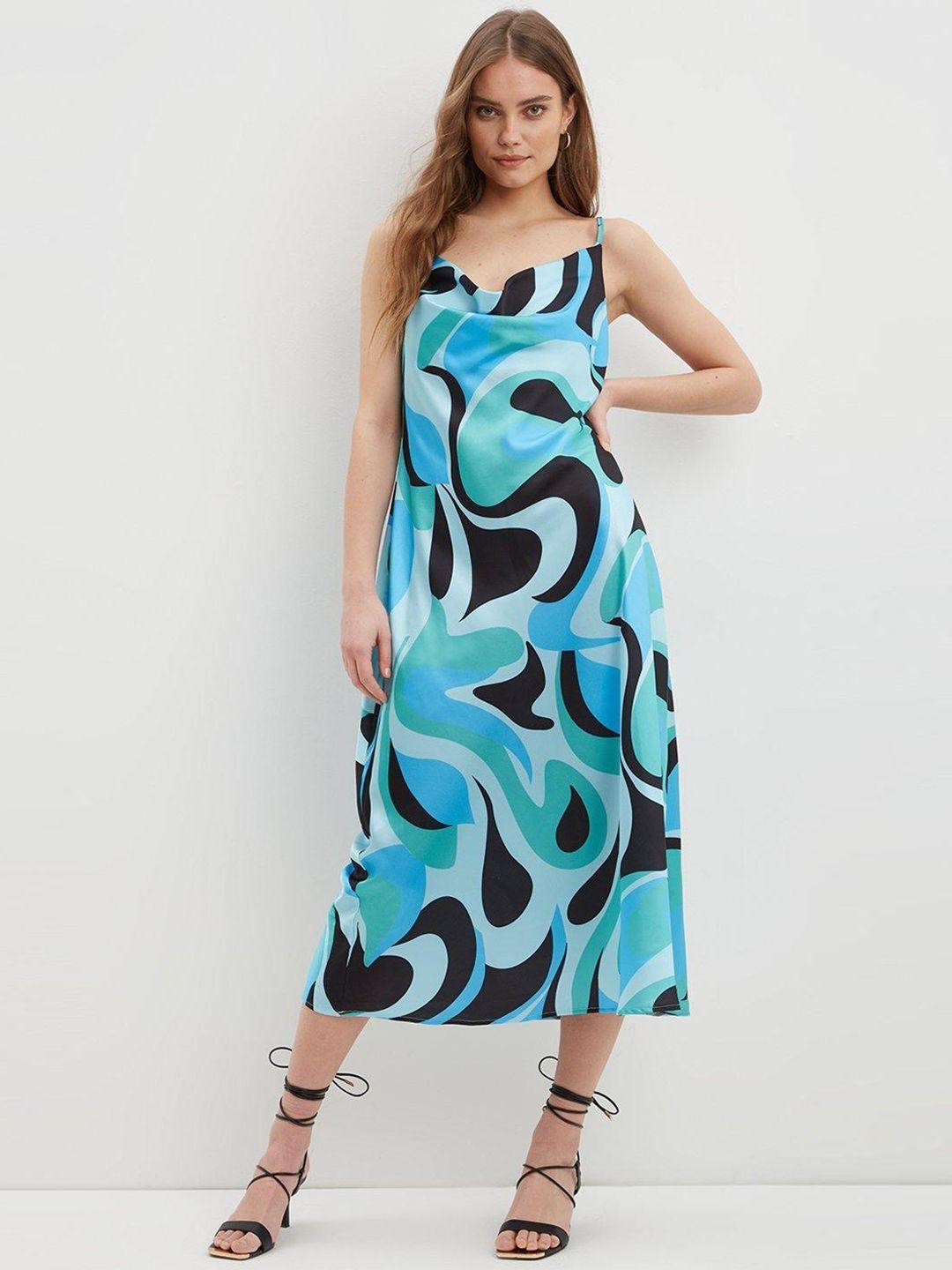 dorothy perkins blue & black abstract print midi slip dress