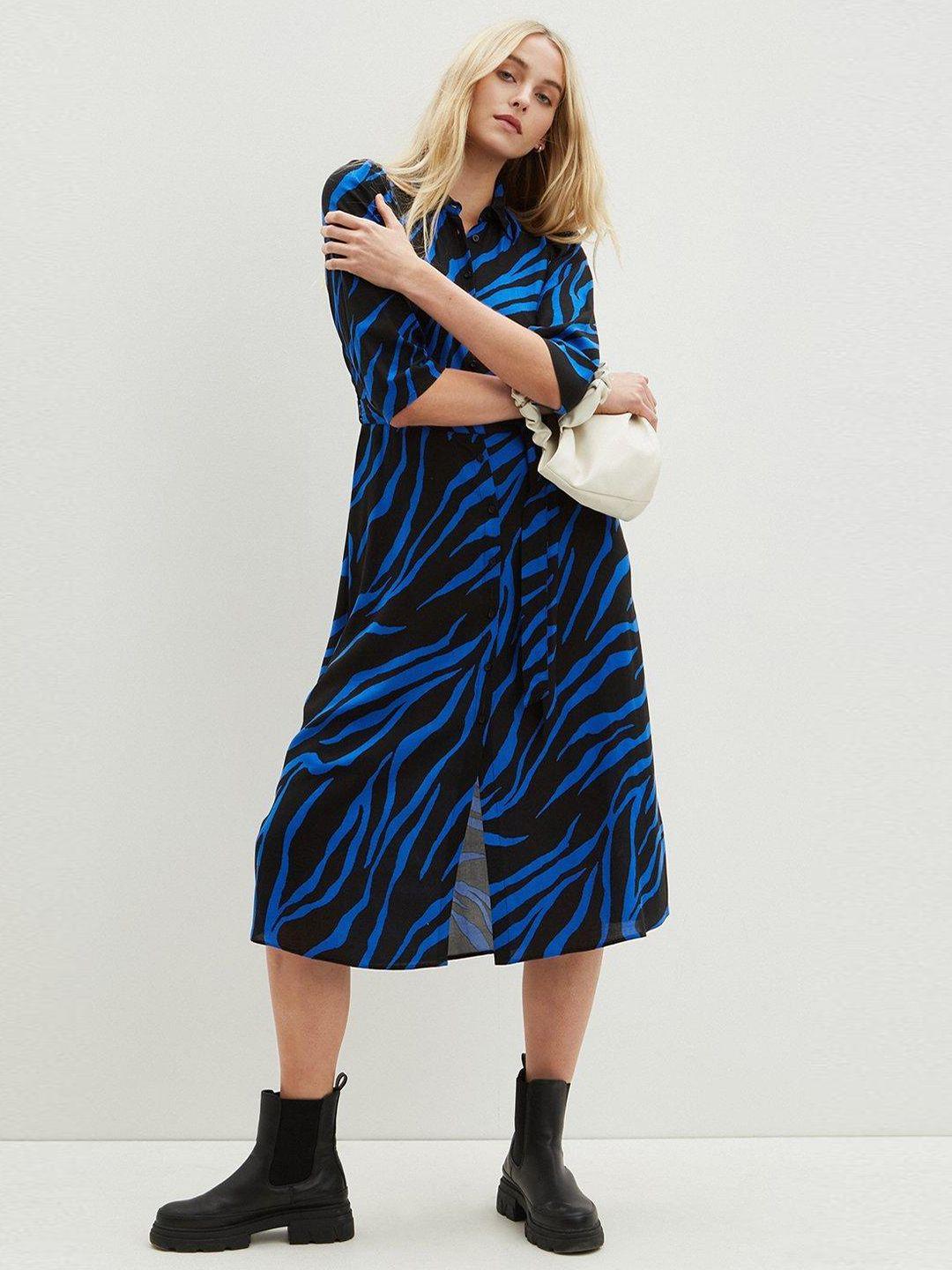 dorothy perkins black & navy blue animal shirt midi dress