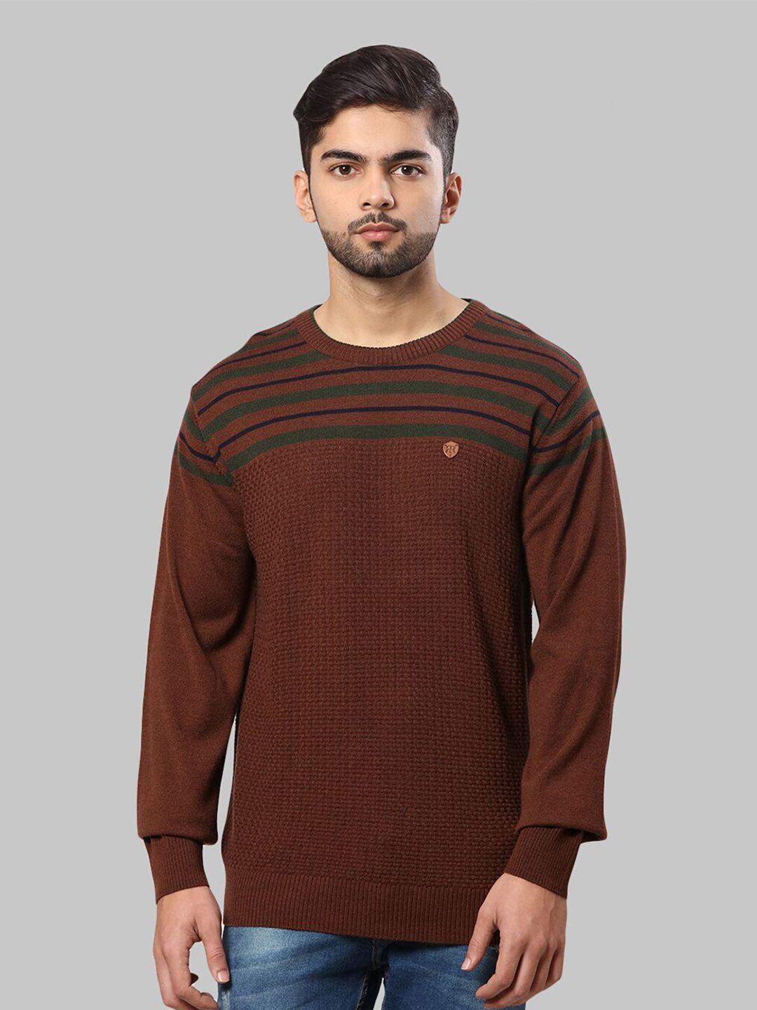 raymond men brown & green striped pullover