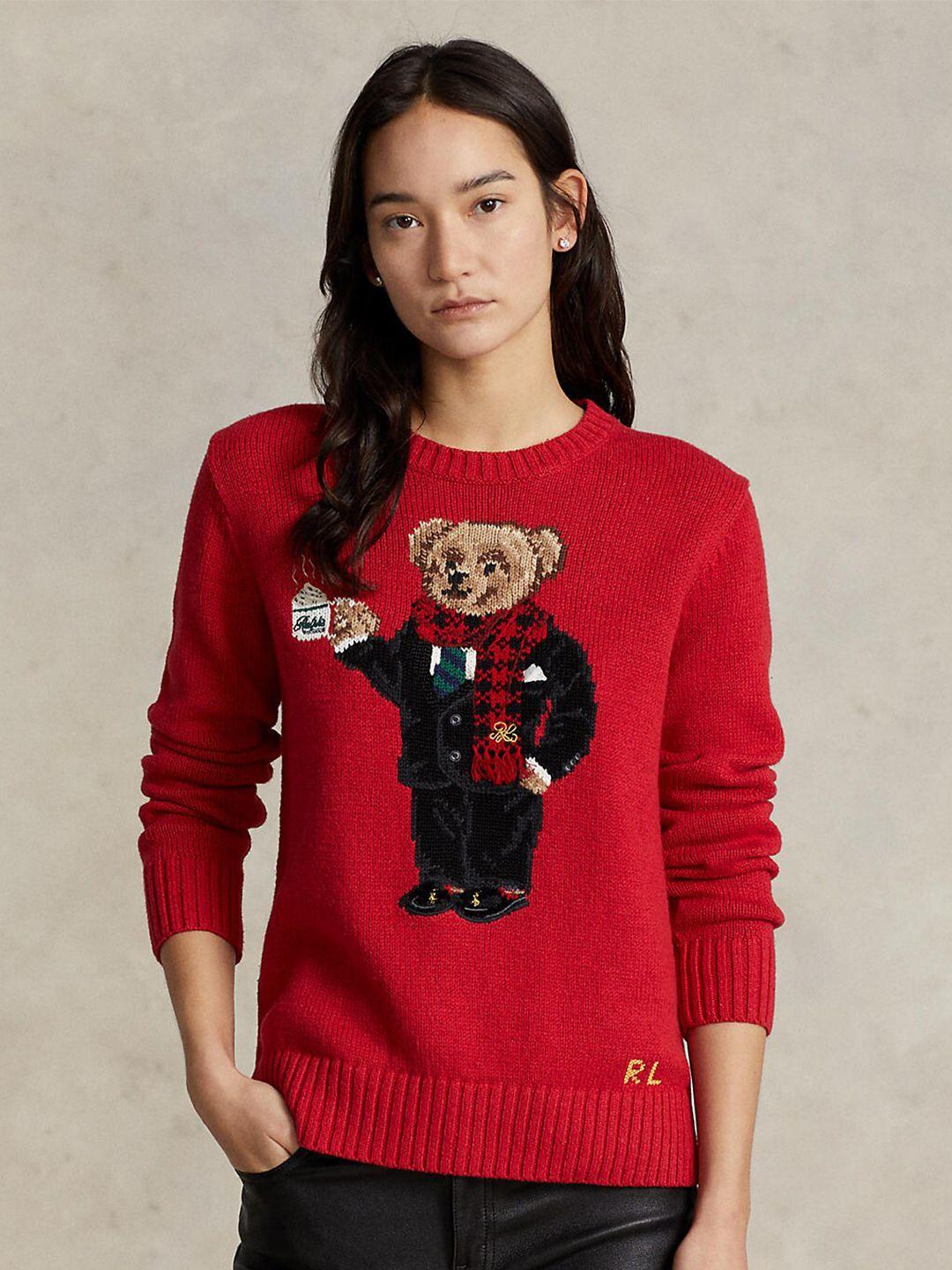 polo ralph lauren women red & black ralph coffee polo bear printed pullover