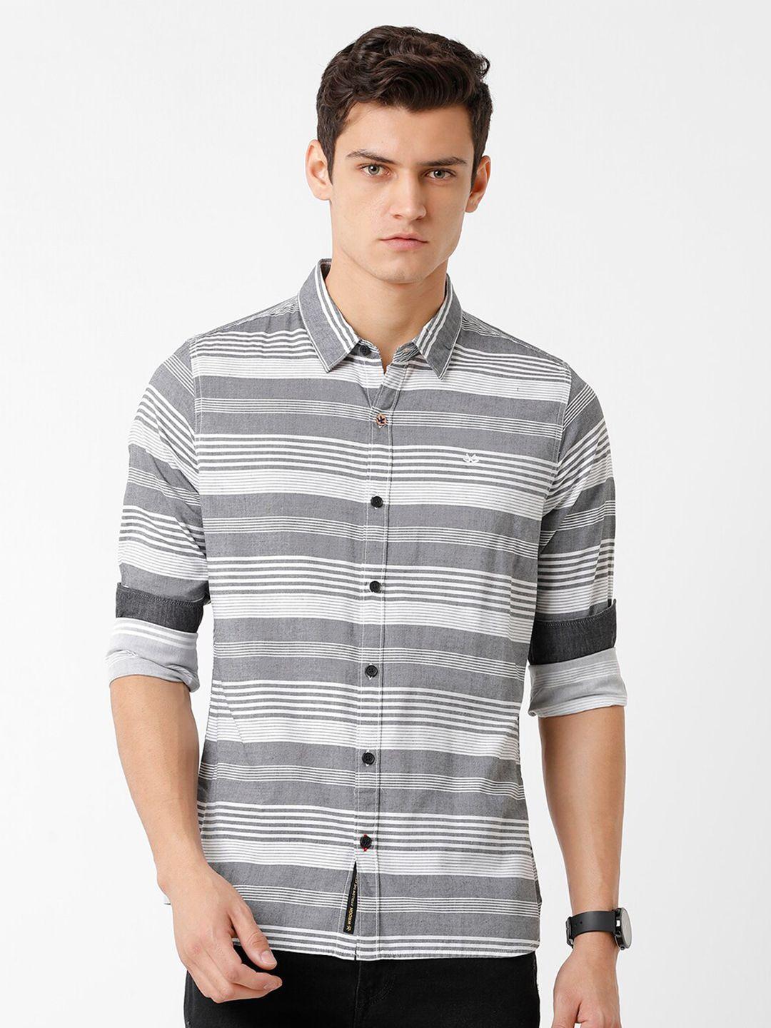 wrogn men grey slim fit horizontal striped pure cotton casual shirt