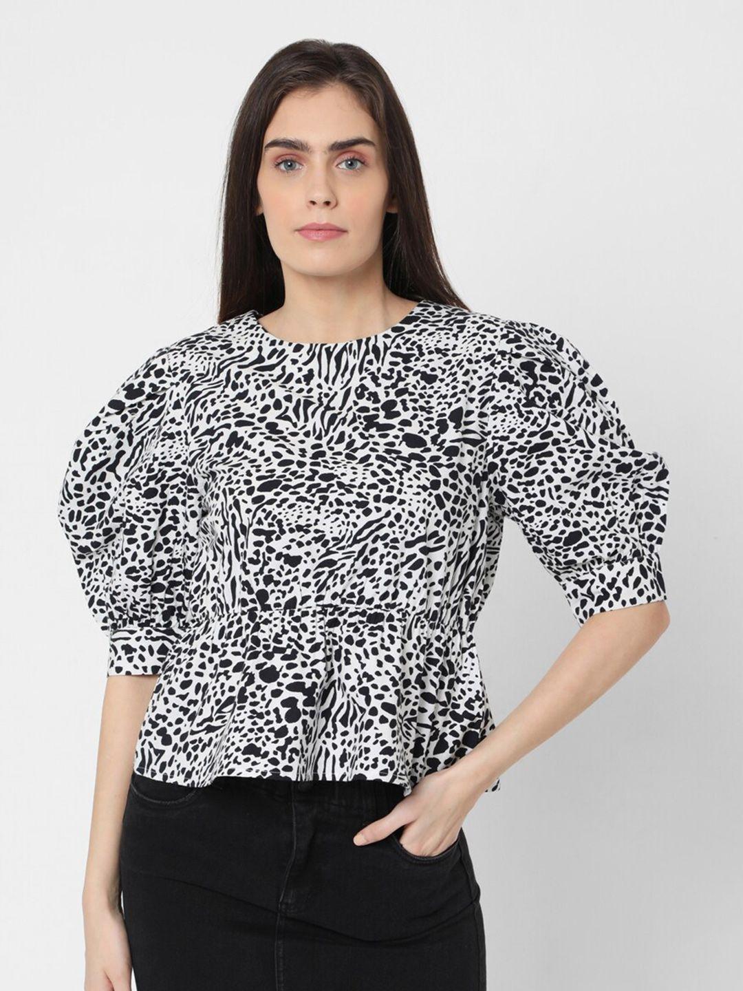 vero moda vm vino white & black animal printed puff sleeves top