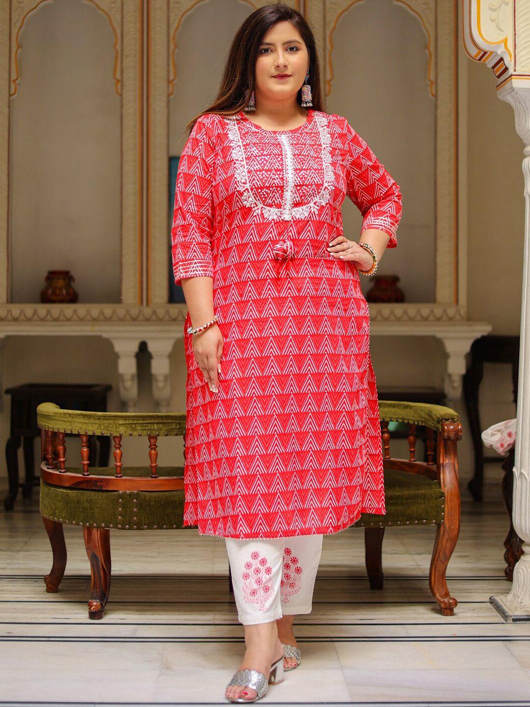 yash gallery pus size women printed pure cotton kurta with trousers & dupatta