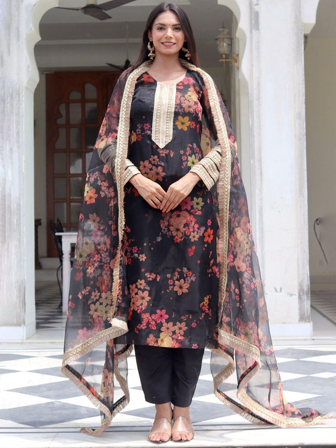 onewe women floral printed sequinned kurta with trousers & dupatta