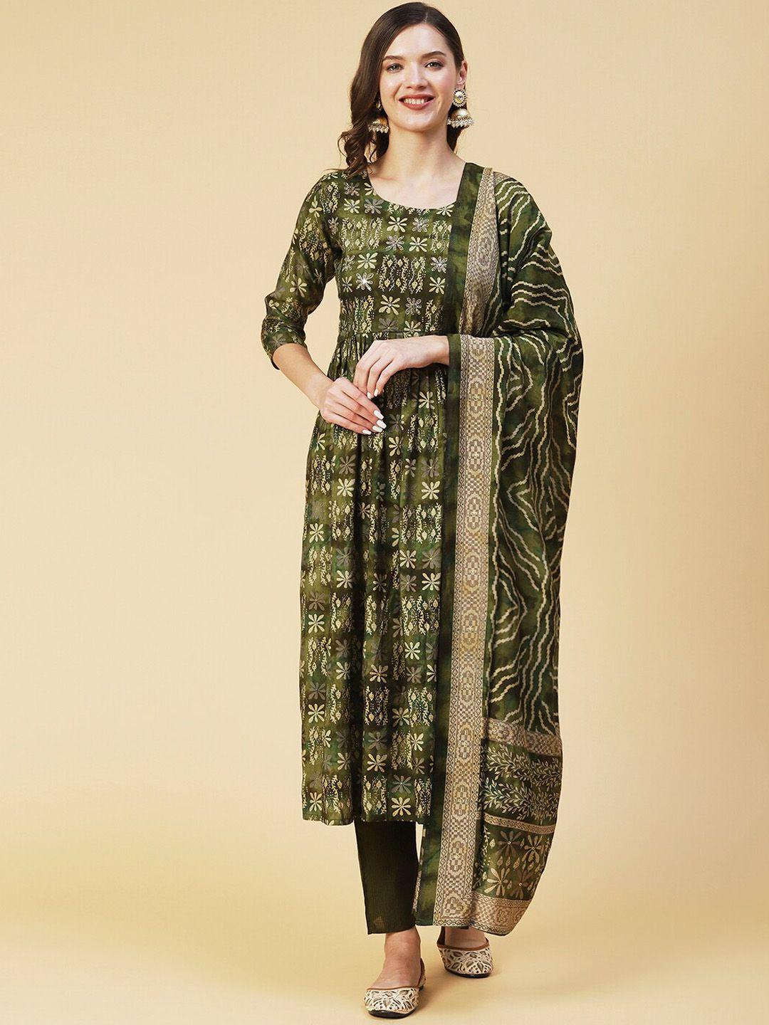 fashor women green floral printed pleated mirror work kurta with trousers & with dupatta