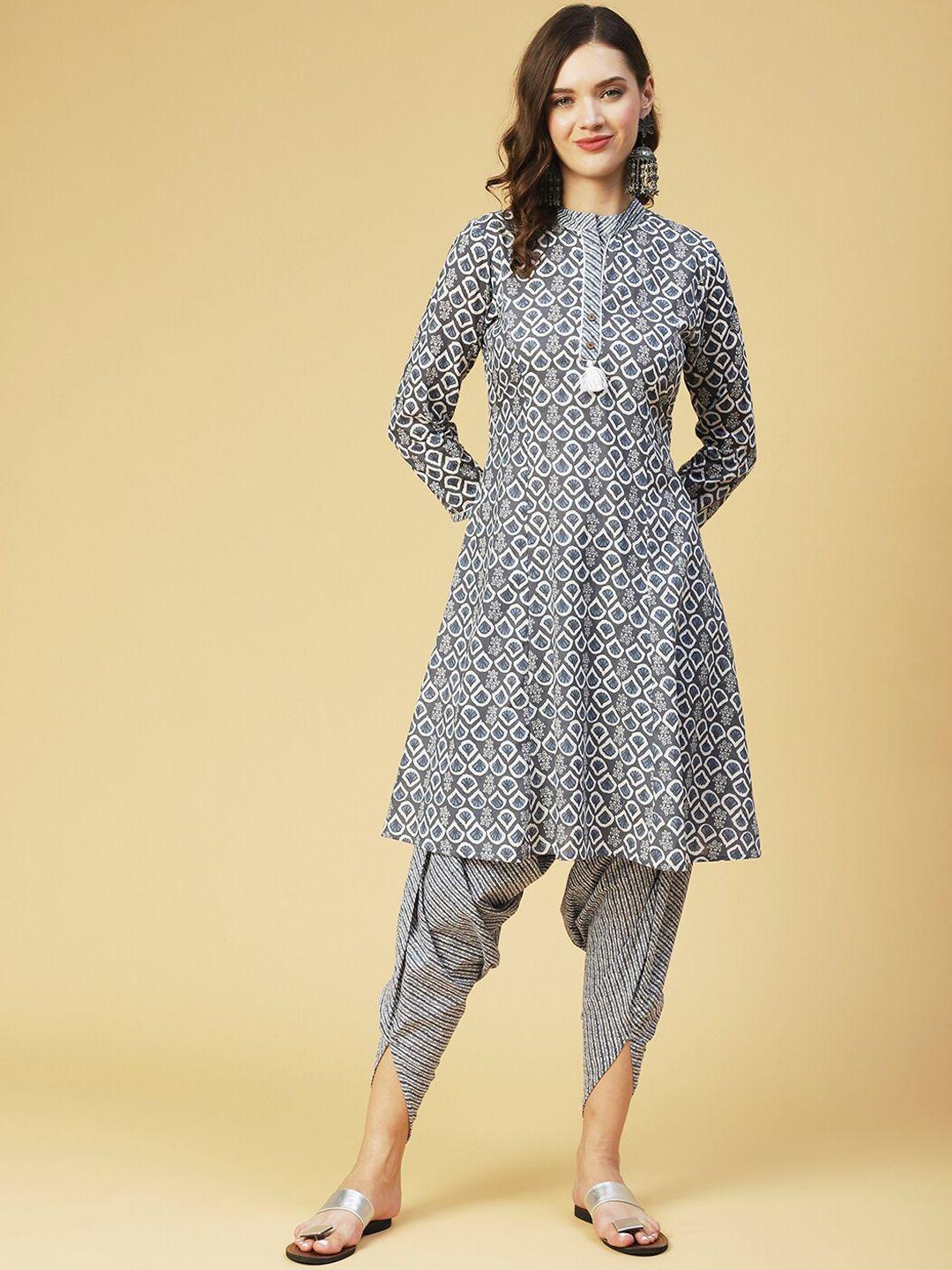 fashor women grey ethnic motifs printed pure cotton kurta with harem pants