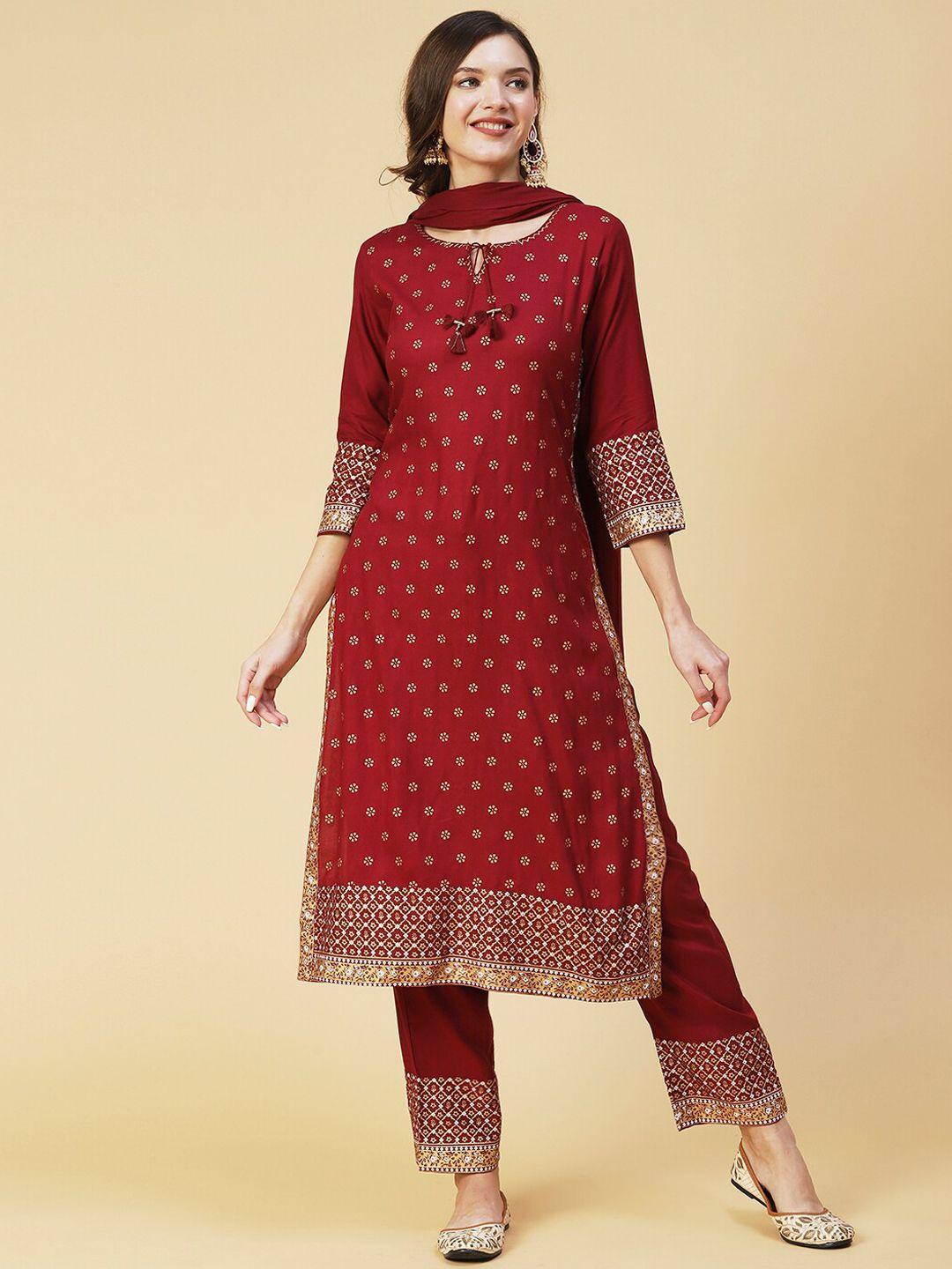 fashor women maroon floral printed kurta with trousers & with dupatta