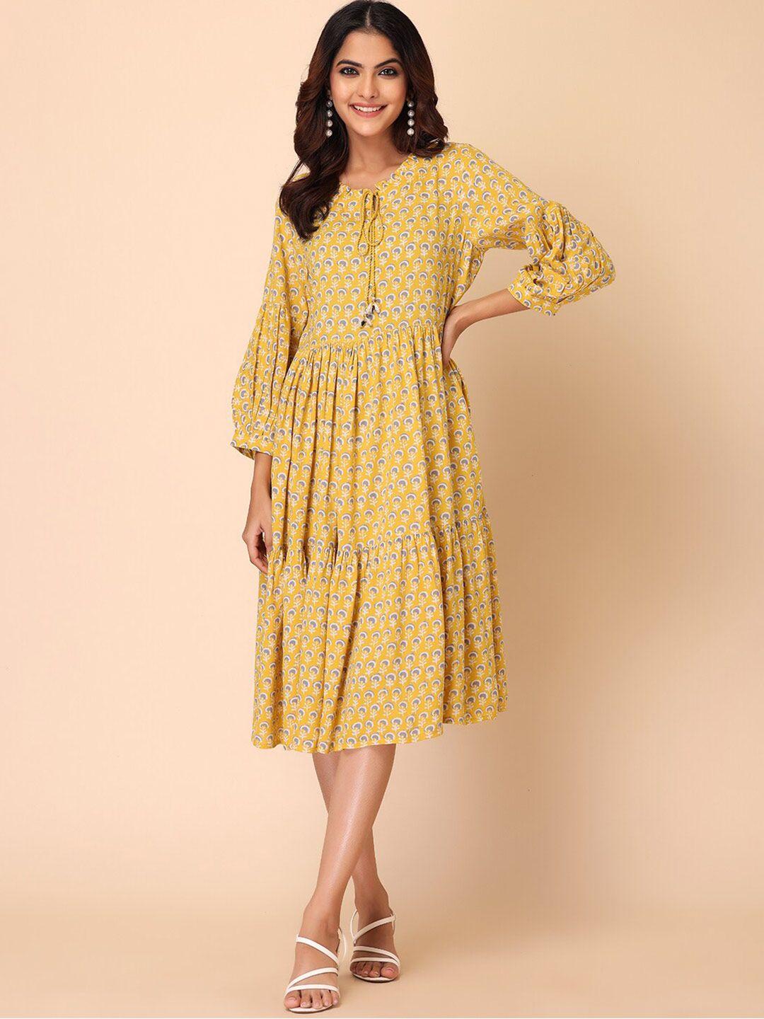 indya yellow floral keyhole neck ethnic midi dress