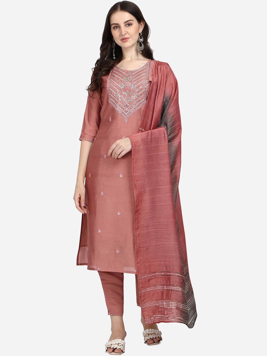 berrylicious women embroidered sequinned chanderi cotton kurta with trousers & dupatta