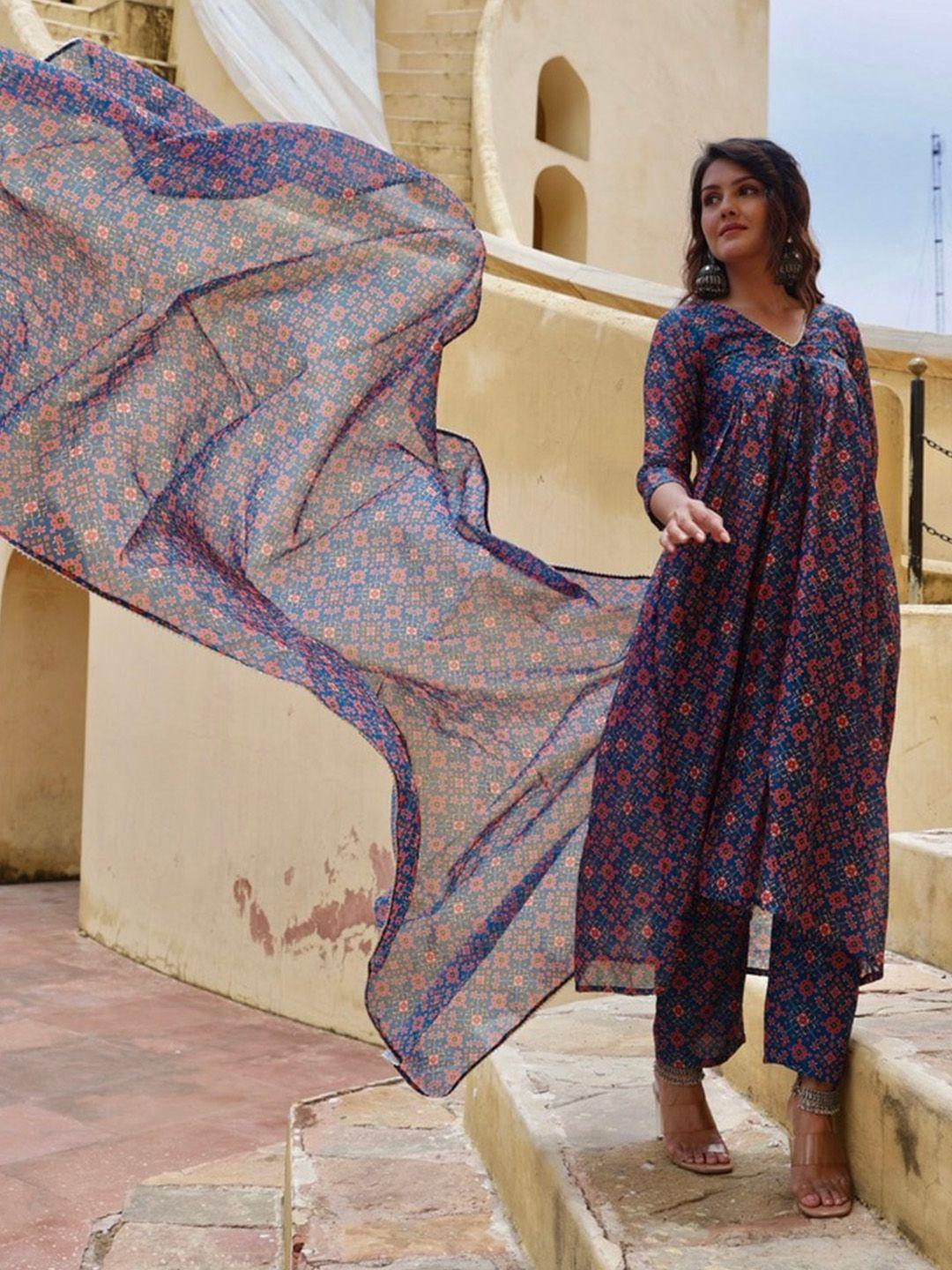 onewe women bandhani printed pleated chanderi cotton kurta with trousers & dupatta