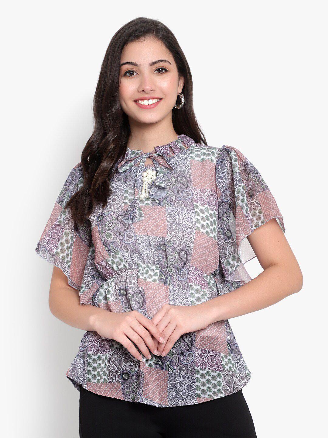 sky heights printed tie-up neck georgette top